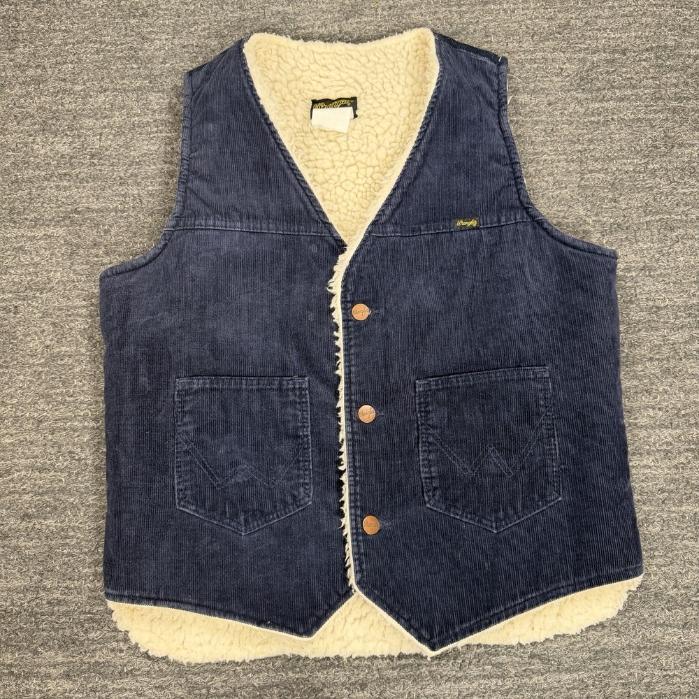 Vintage Wrangler Sherpa Lined Corduroy Vest Men Medium Blue Ranch Western 80s